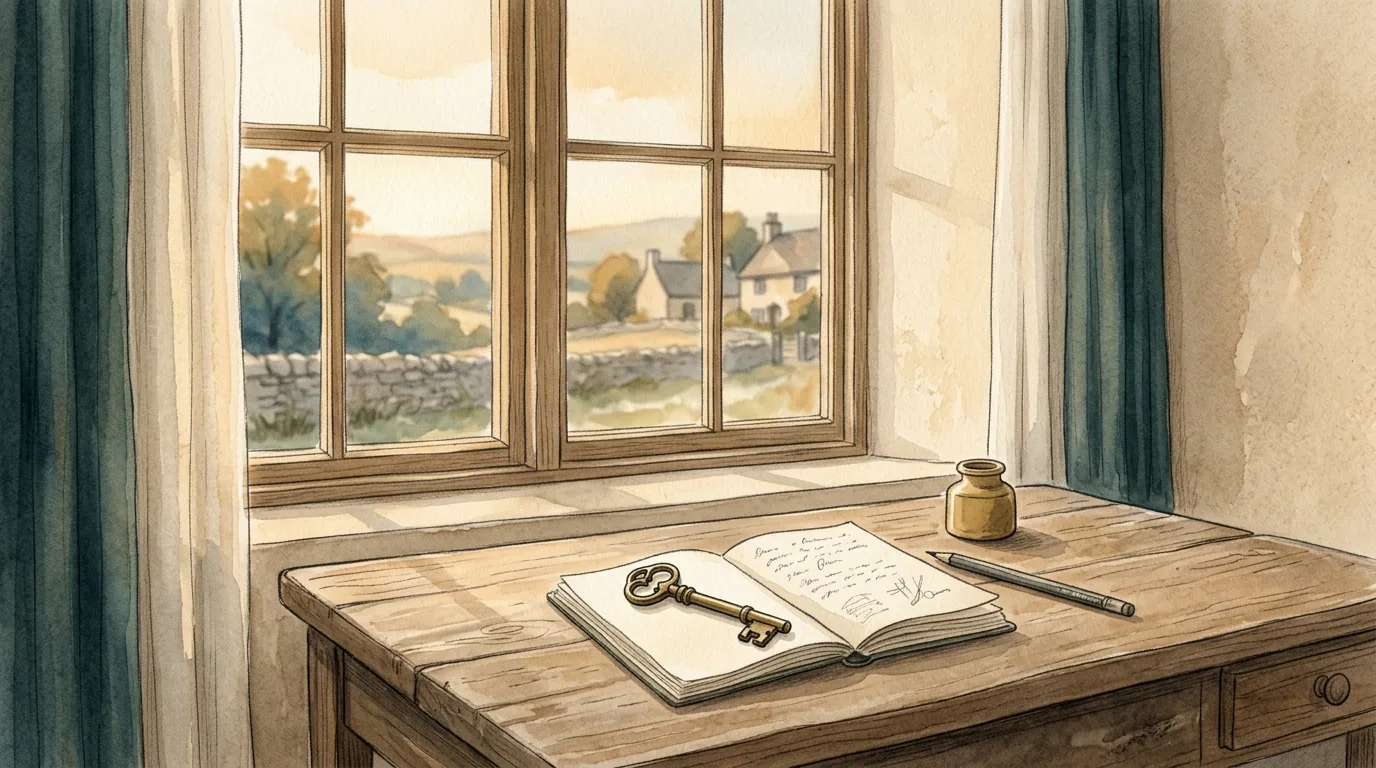 Ruhige Illustration eines Schlüssels und eines kleinen Notizbuchs auf einem Holztisch im Abendlicht.